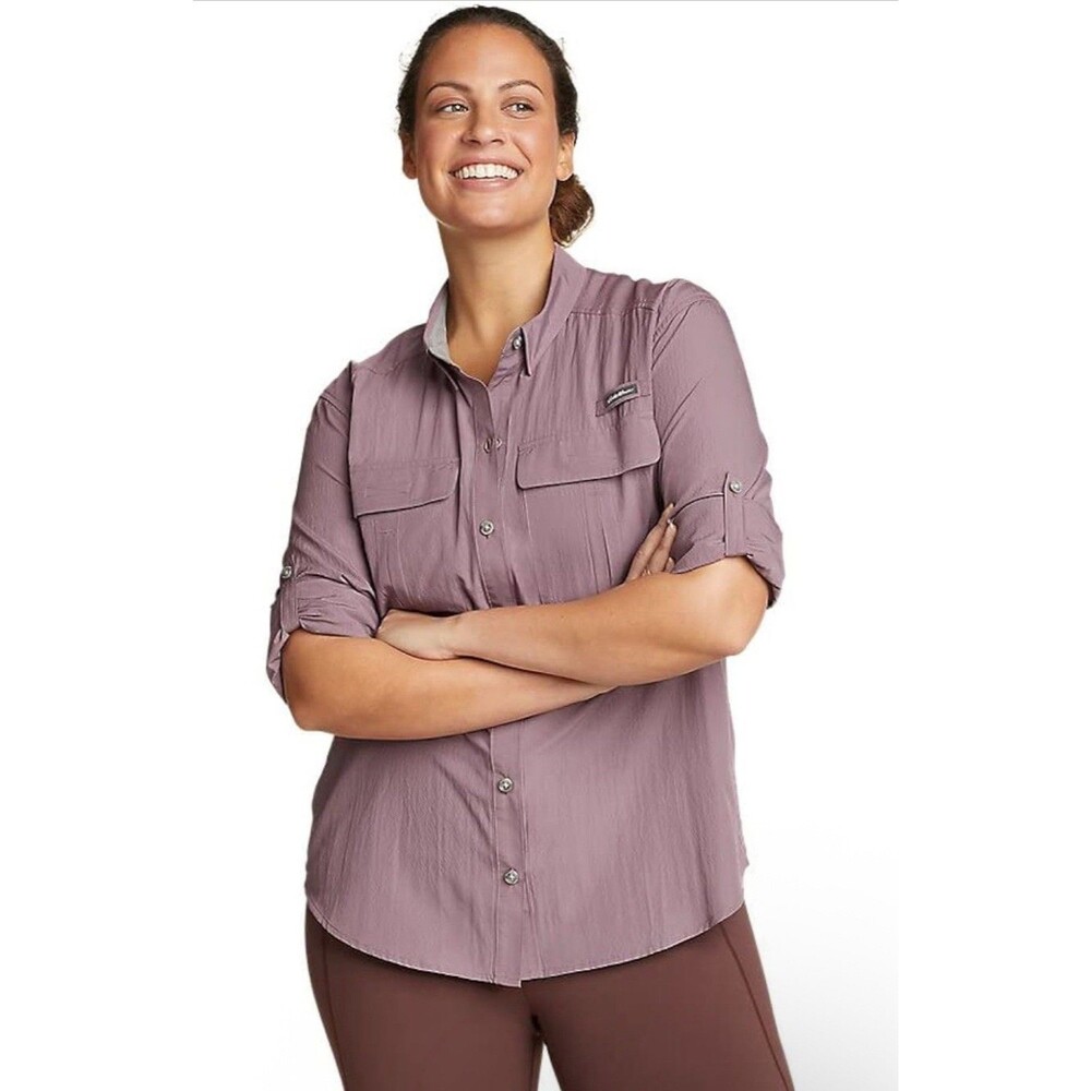 Eddie Bauer Womens UPF Field Guide Shirt 2XL Violet Roll Tab Long Sleeve Hiking